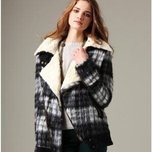 Free People Plaid Sherpa Moto Jacket Checkered Tartan Fuzzy Teddy Biker Coat M